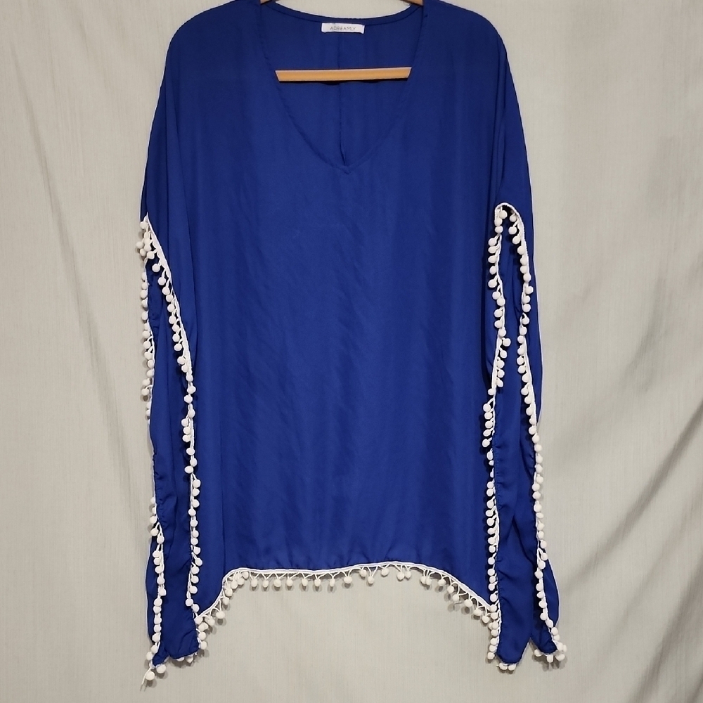 Adreamly Royal Blue Kaftan Cover Up Pom Pom Trim Beach Vacation Resort Wear OSFM
